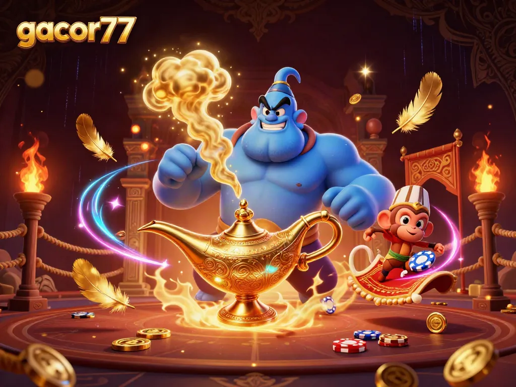 Gacor77 menyajikan ilustrasi kasino dengan jin berotot dan uang receh berlimpah di latar belakang yang megah.