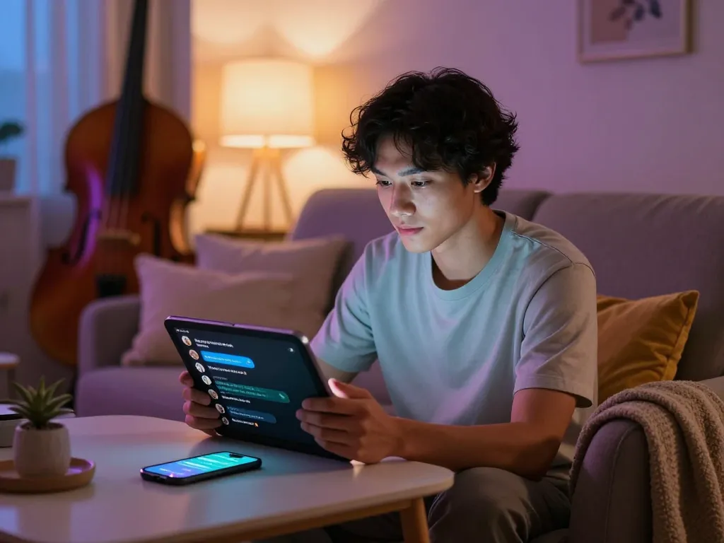 Engaging nsfw ai chat scene with a user on a tablet in a cozy environment