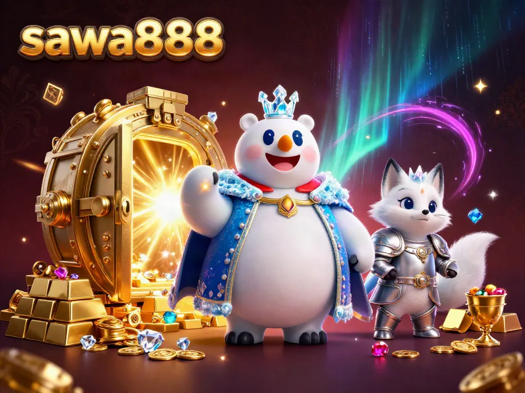Sawa888 illustration showcasing a polar bear king and fox with treasures in a vibrant casino atmosphere.