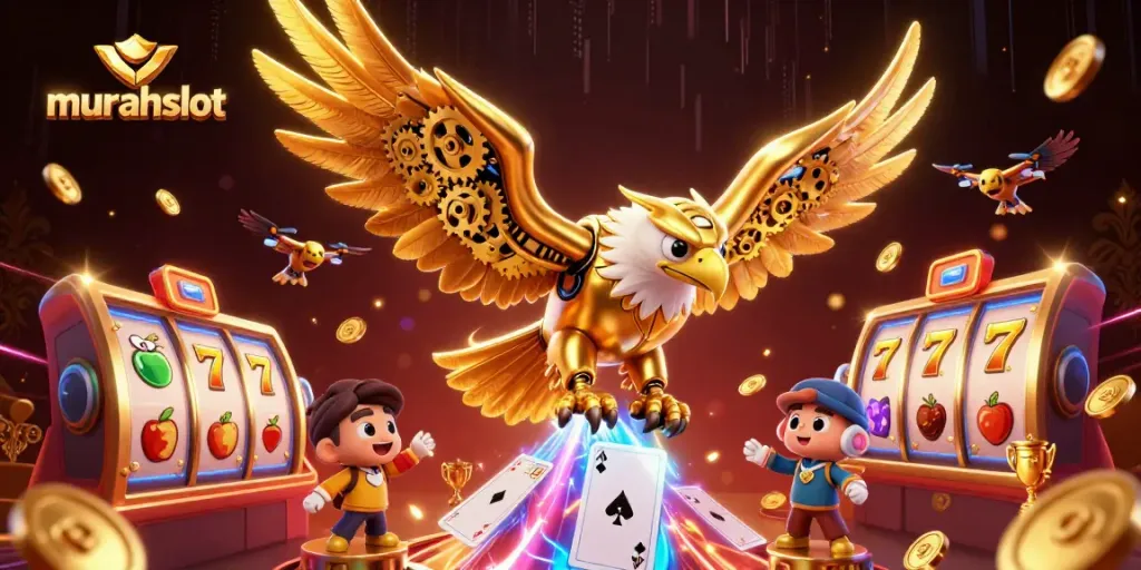 Embrace thrilling gameplay at murahslot with a diving golden eagle and vibrant casino elements.