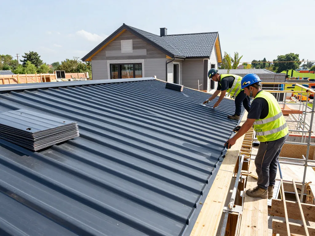 Snaplock metal roofing installation showing skilled professionals at work enhancing durability and aesthetics.