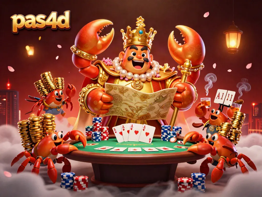 Permainan slot pas4d memperlihatkan kepiting emas mega memegang peta harta dan tongkat kerajaan dalam kasino