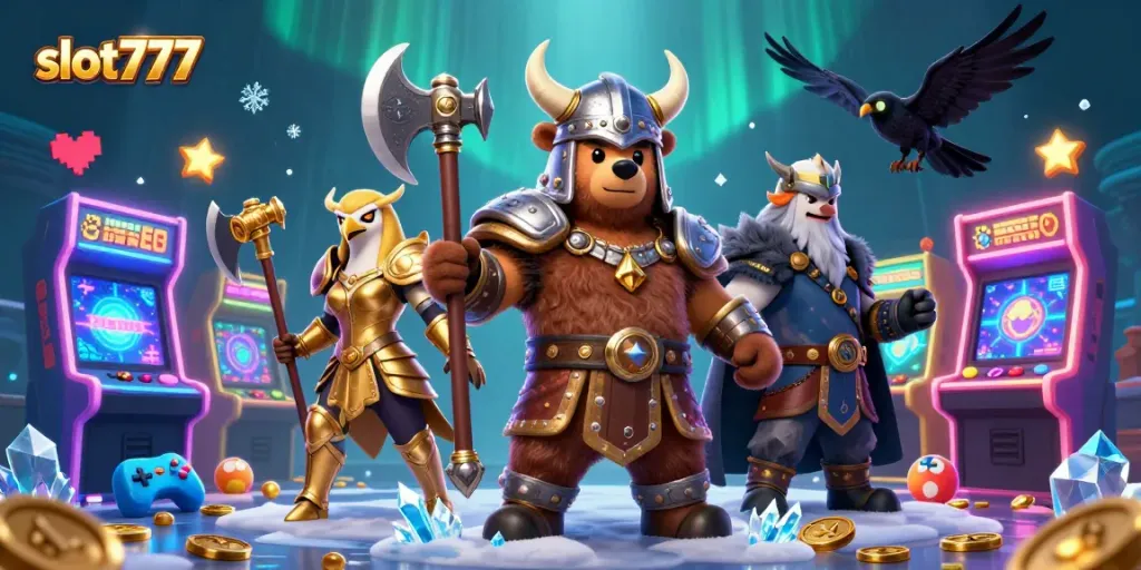 Menggandeng slot777, berpartisipasi dalam permainan slot dengan karakter beruang Viking dan elang Valkyrie di latar belakang megah.