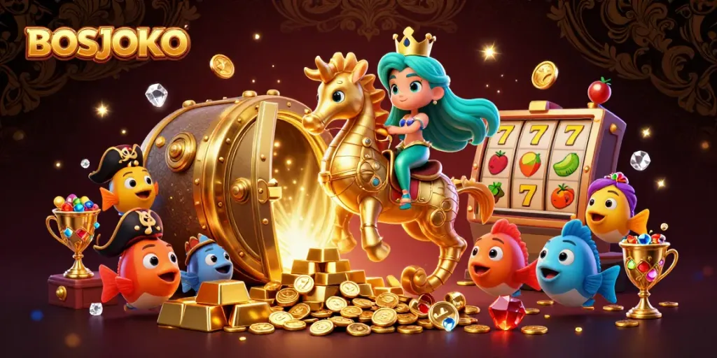 BOSJOKO slots come alive with a mermaid riding a seahorse alongside vibrant pirate fish in an enchanting treasure scene.