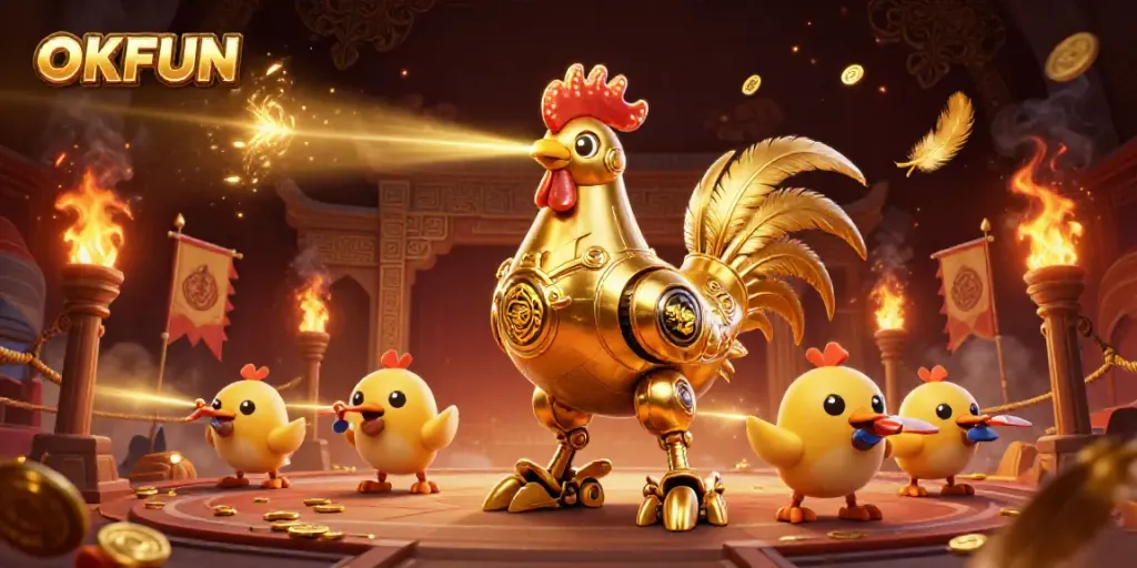 Engage in thrilling bets with the OKFUN illustration of a golden robot and drones in a vibrant casino scene.