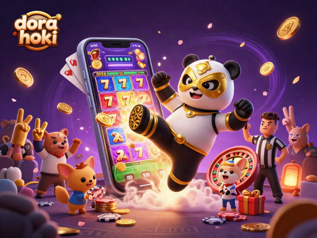 Dora hoki menunjukkan kemenangan di mesin slot terkini dengan koin emas yang berhamburan.