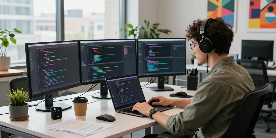 Kediritoto - Pengembang bekerja di ruang kantor modern dengan layar monitor menampilkan kode dan desain aplikasi.