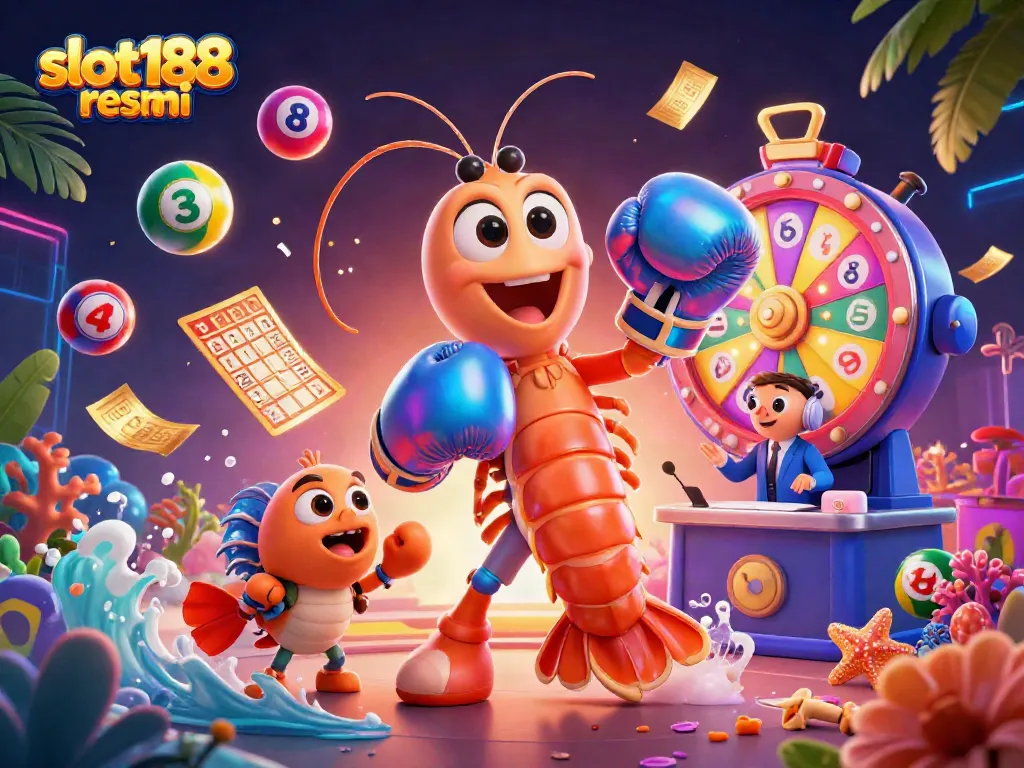 Memainkan slot188 resmi dengan animasi 3D mantis udang dan bola loteri berwarna-warni yang dinamis.