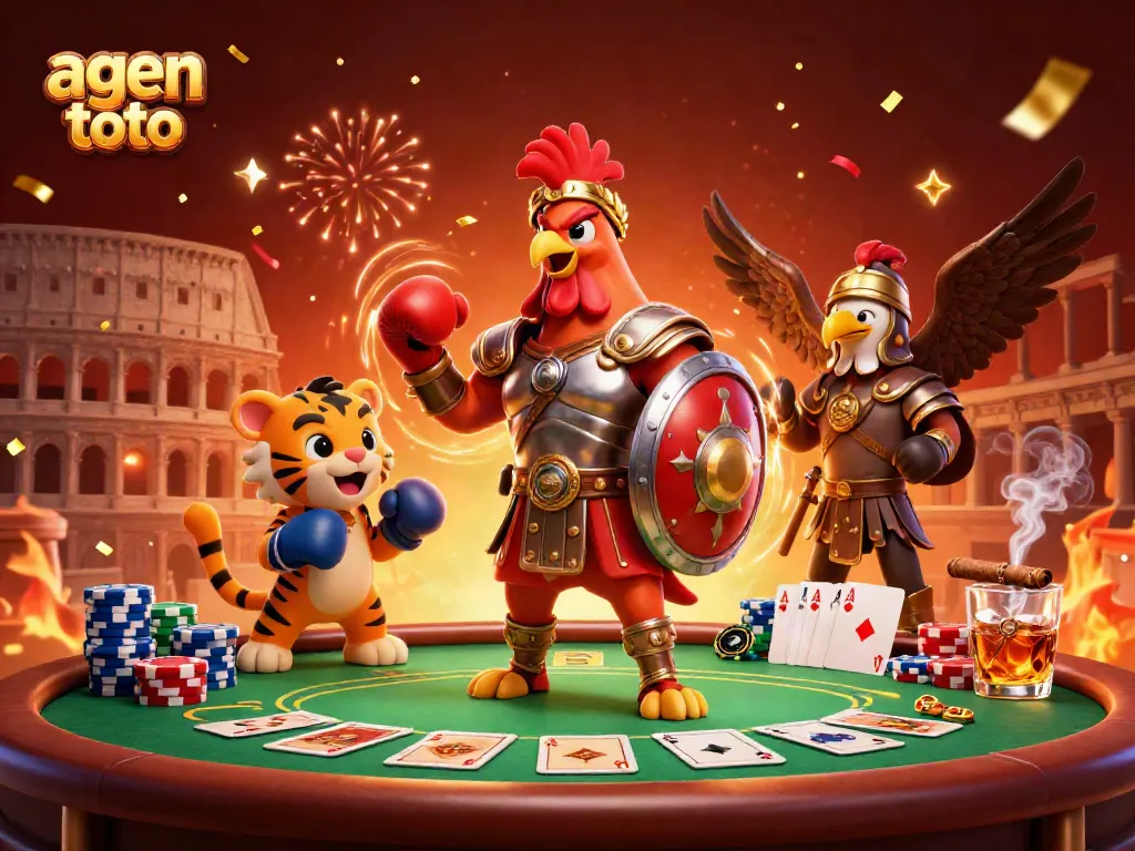 Menggambarkan agen toto dengan ilustrasi 3D karakter ayam jantan bersama kasino, poker, dan elemen kemeriahan.