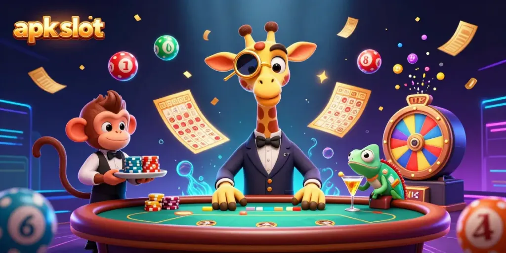 Menggenggam peluang menang bersama apk slot dalam ilustrasi 3D kaya detail yang menampilkan jerapah dan karakter menarik lainnya.