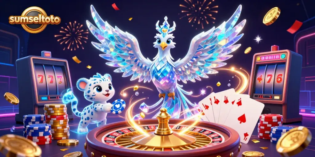 Experience the thrill of sumseltoto with a vibrant 3D casino scene featuring an ice phoenix and poker games.