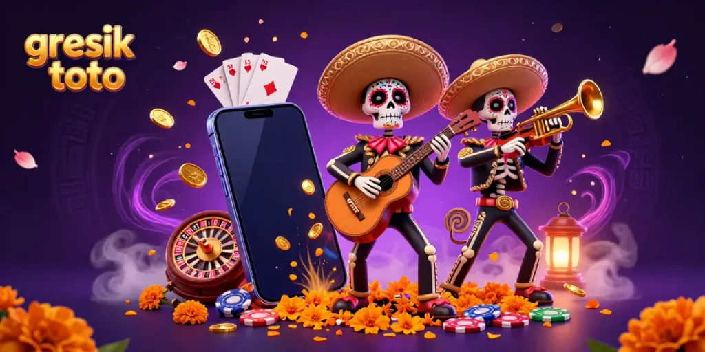 Join the fun with gresik toto as colorful Day of the Dead mariachi skeletons celebrate gaming excitement.