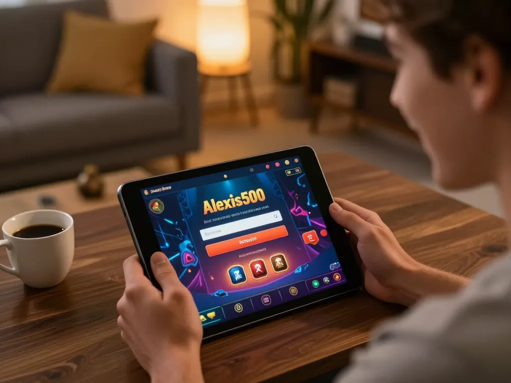 Suasana menarik seorang pemain menggunakan login alexis500 di tablet dalam pengaturan permainan yang nyaman, menampilkan permainan kasino online.