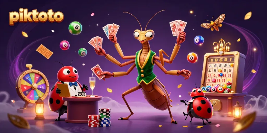 Piktoto reels in excitement with colorful lottery balls and characters in a vibrant casino scene.