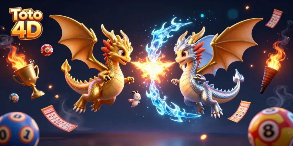 Toto 4D menampilkan dua naga 3D berwarna emas dan perak dengan efek yin-yang yang dinamis