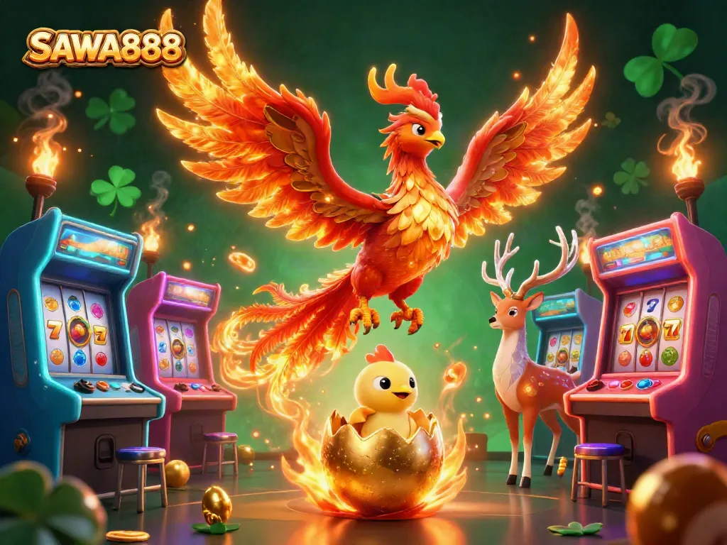 Experience the excitement of SAWA888 and its vibrant casino energy with a blazing phoenix and joyful game elements.