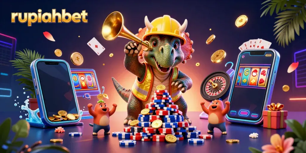 Experience the excitement of gambling at rupiahbet with a fun 3D illustration of playful dinosaurs celebrating wins.