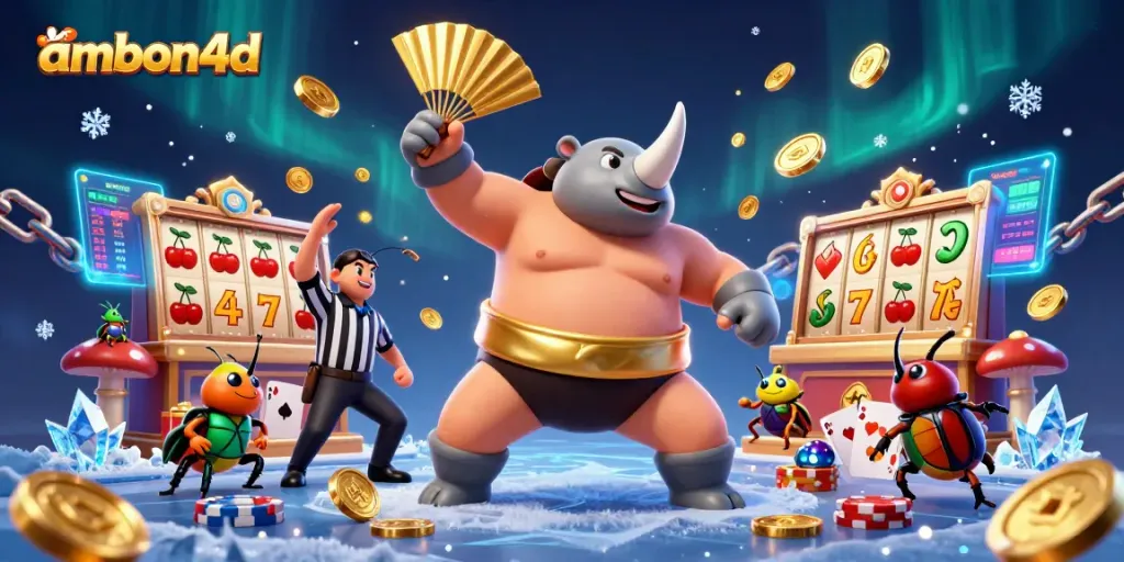 Witness the exciting gameplay of ambon4d as a sumo champion beetle slams down, scattering coins in an electric casino atmosphere.