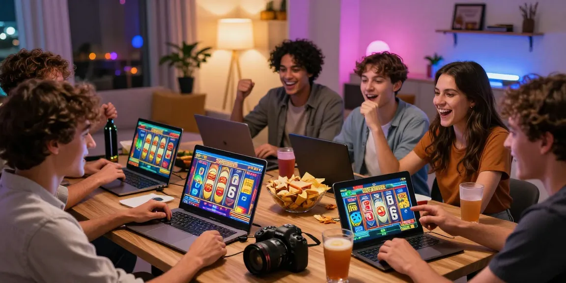 Excited friends enjoying a thrilling online slot game in a vibrant living room.