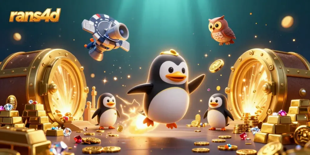 Rans4d menghadirkan penguin emas beraksi dalam kasino luar angkasa dengan emas berkilau, melengkapi pengalaman bermain yang menguntungkan.
