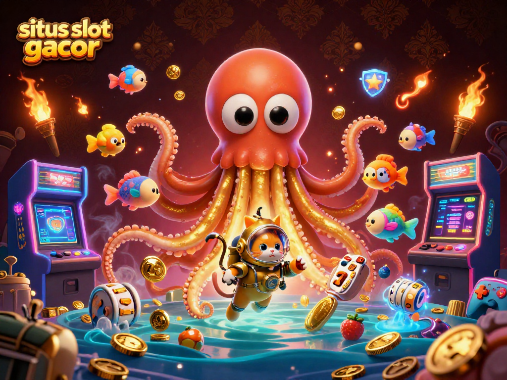 Experience situs slot gacor with a dynamic illustration of a kraken, diving cat, and arcade elements enriching your gaming adventure.