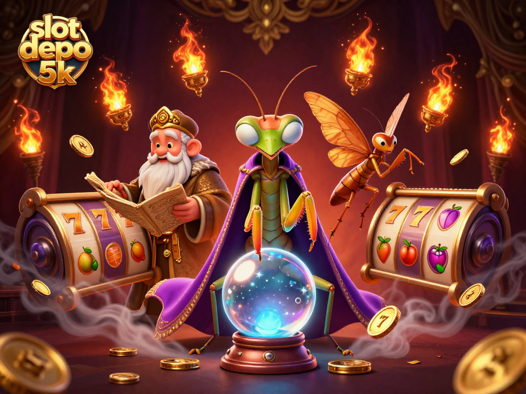 Spin big with slot depo 5k in this vibrant 3D casino scene featuring fortune tellers and slot elements.