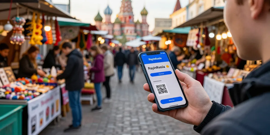Pembayaran di Rusia dengan aplikasi https://payinrussia.com/ di pasar yang ramai dengan pedagang lokal.