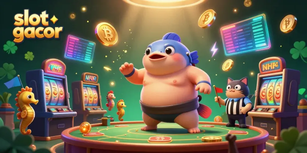 Experience the thrill of slot gacor with a playful underwater scene featuring a fugu in a sumo belt, slot machines, and catfish referee.