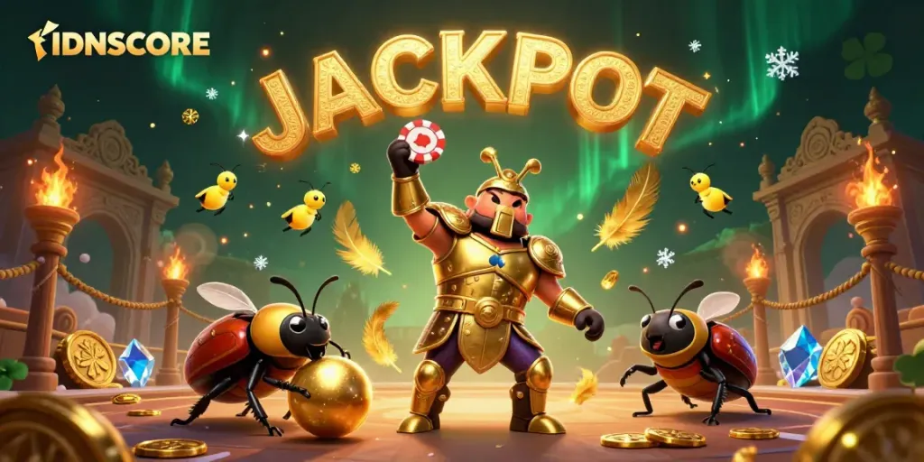 Celebrate big wins with IDNSCORE in a vibrant 3D casino scene showcasing glory and excitement.