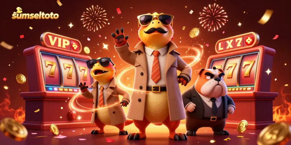 Experience wins with sumseltoto in a vibrant casino scene featuring raptors and slot reels.
