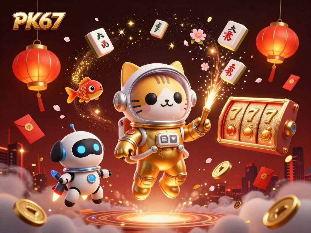 Experience exciting gaming moments with PK67, featuring colorful casino elements and animated characters.