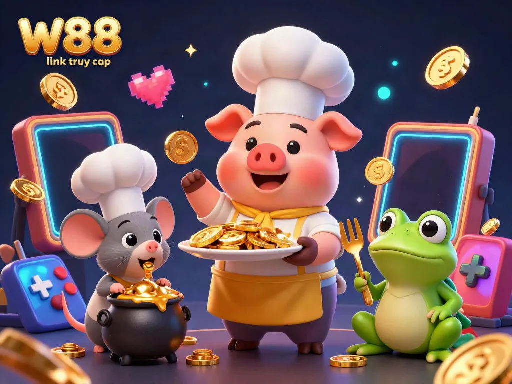 Experience W88 link truy cập with a vibrant 3D cartoon scene of adorable characters enjoying casino adventures.