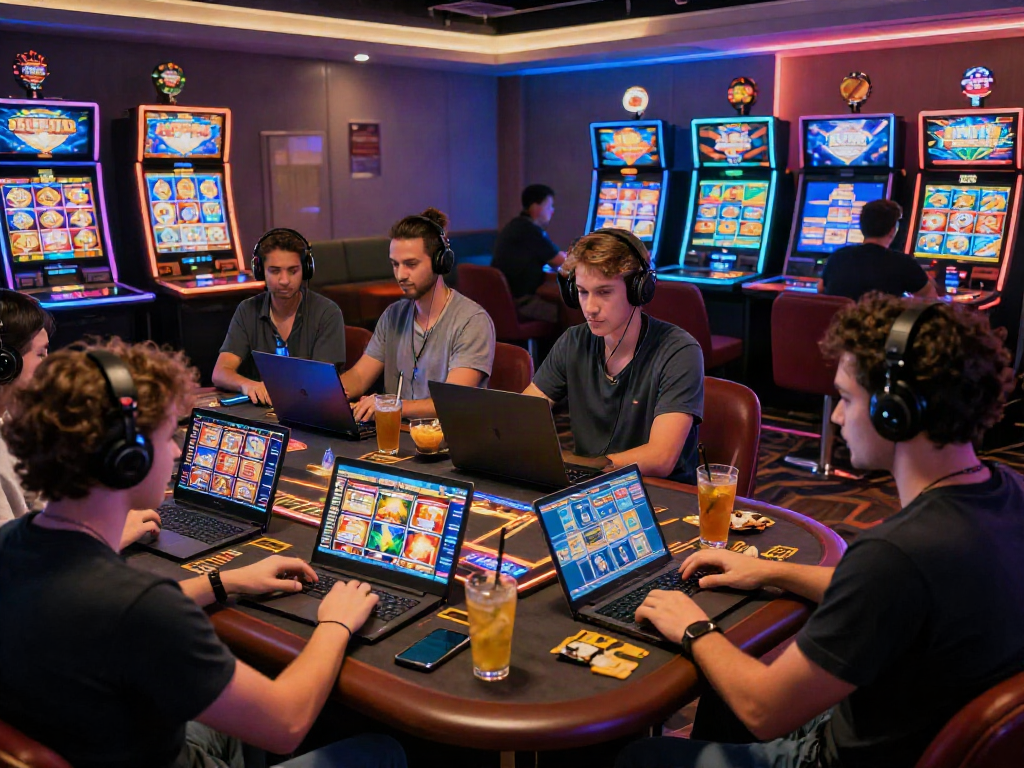Pengalaman bermain bandar slot online yang mengasyikkan di kasino modern dengan teman-teman, dikelilingi oleh grafis permainan yang menawan.