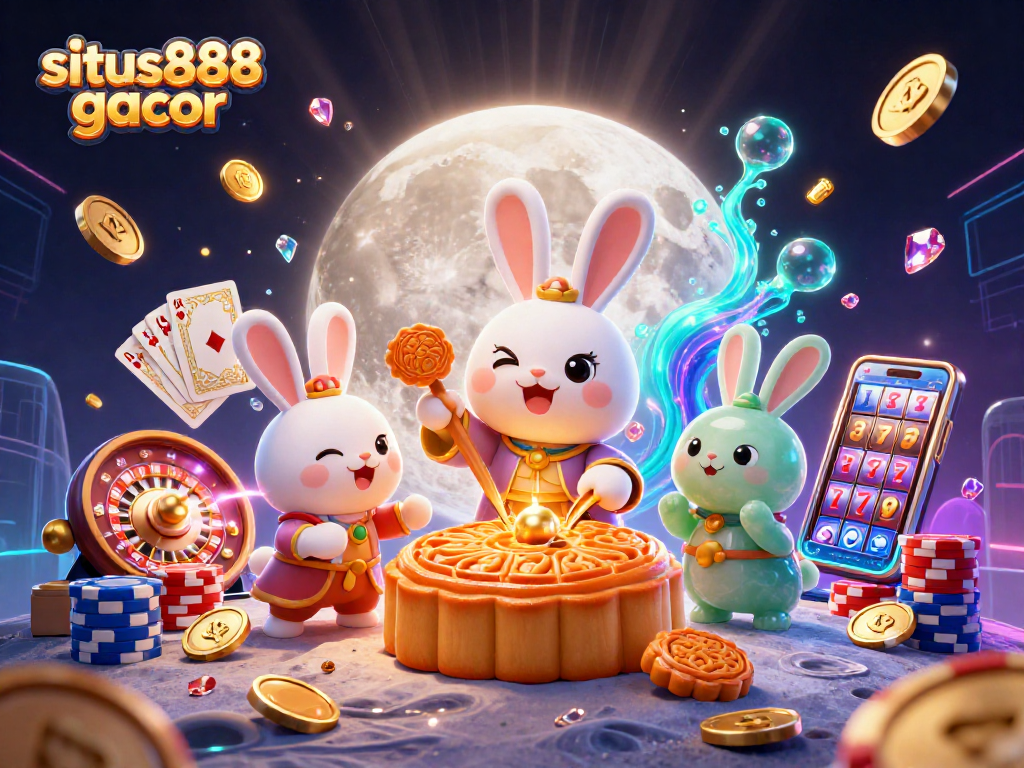 Win big with situs888 gacor while enjoying a vibrant 3D digital casino scene showcasing slot machines and playful characters.