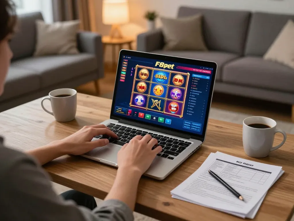 Engage in responsible gambling with F8pet at home, enjoying a cozy online gaming setup.