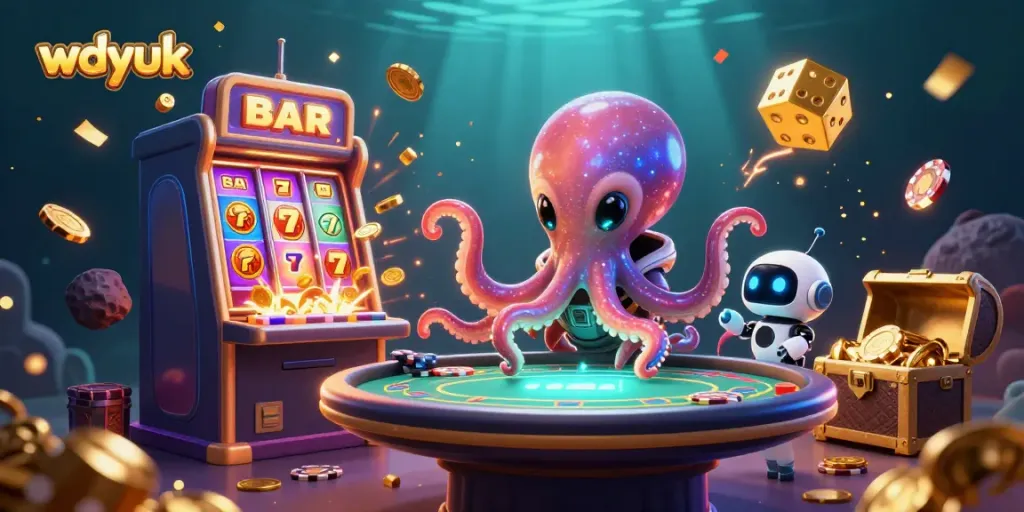 Experience the excitement at wdyuk with an alien octopus playing poker in a colorful casino scene.