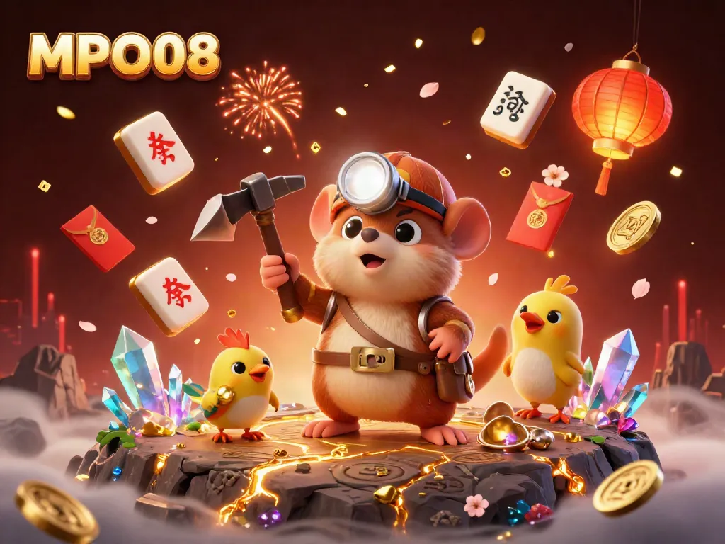 MPO08 offers exciting gaming experiences with a treasure hunter mole and canary in a vibrant casino scene.